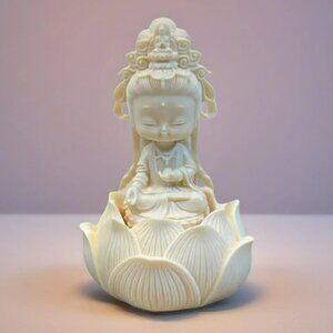 Mini GUANYIN BUDDHA Statue in Lotus Flower Small Baby -Ivory Resin-Bodhisattva